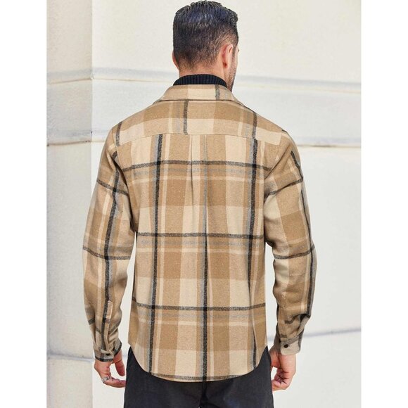 Men Khaki Flannel Shirts Long Sleeve Cotton Plaid Shirt Casual Button Down Shirt - Picture 7 of 8